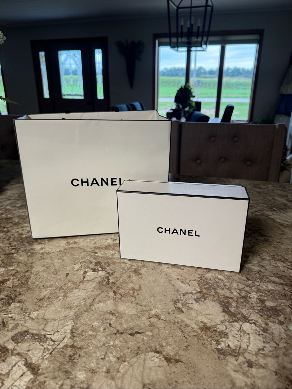 CHANEL White and Black Logo Gift Box & Bag Set